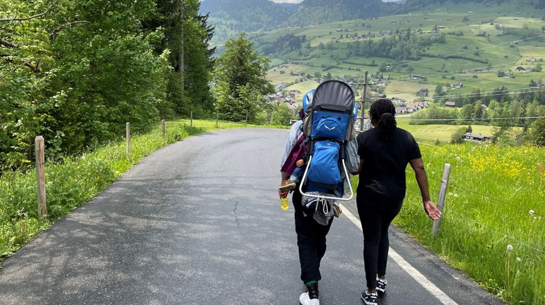 Lukas Mettler, Fungai Mettler and their child, Noa Mettler, on a family getaway in Toggenburg, Switzerland.
